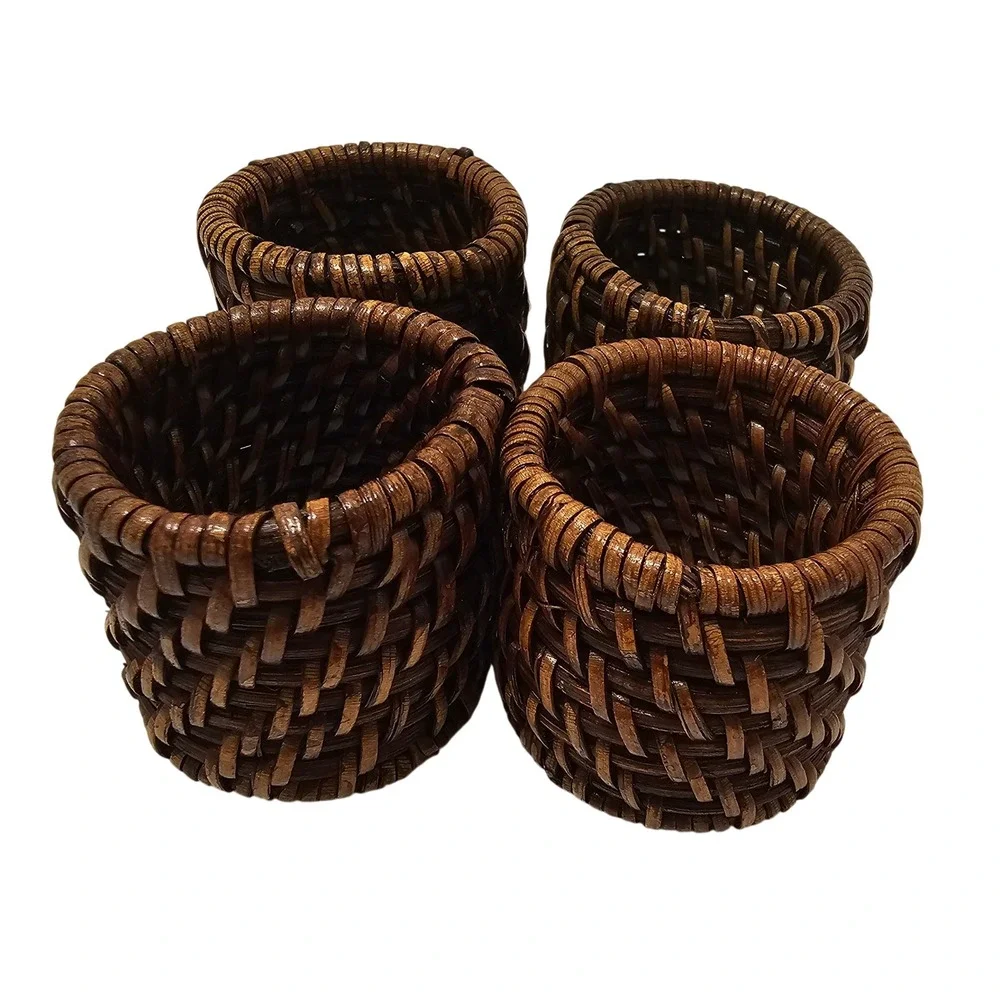 Set of 4 Dark Brown Woven Rattan Napkin Rings Rustic Basketweave Boho Table